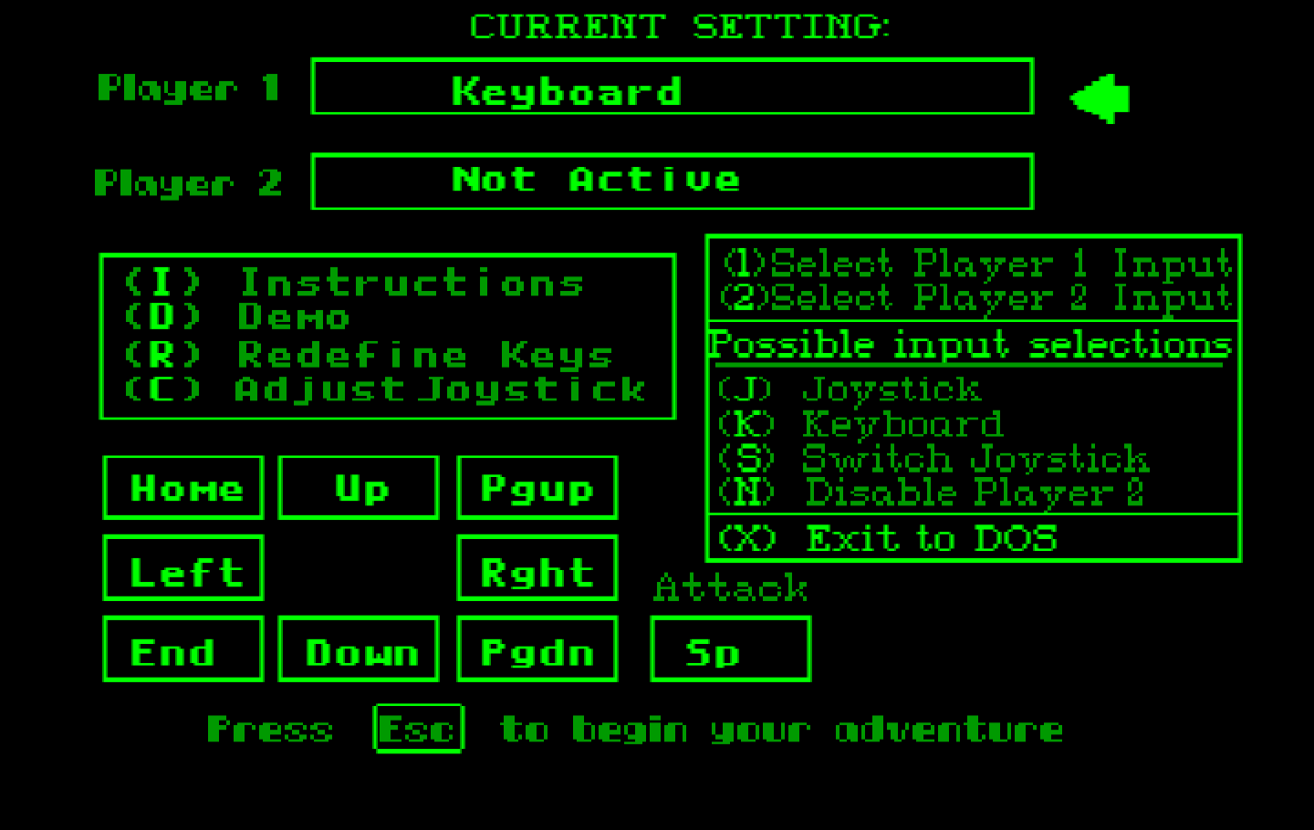 Renegade IBM PC/Compatibles Screenshot: The main game settings menu.