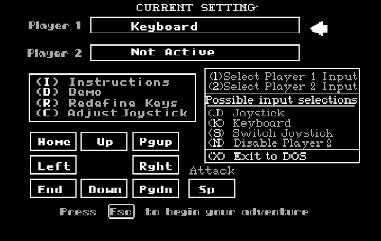 Renegade IBM PC/Compatibles Screenshot: The main game settings menu.