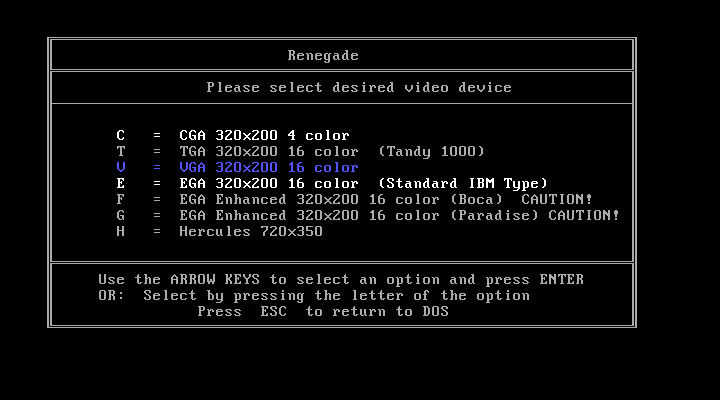 Renegade IBM PC/Compatibles Screenshot: Graphics mode selection screen.