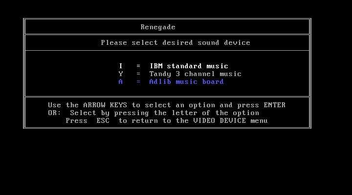 Renegade IBM PC/Compatibles Screenshot: Sound hardware selection.