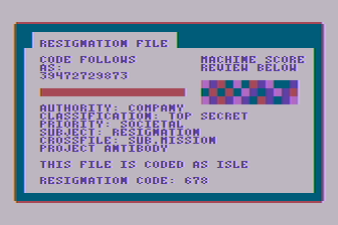 Prisoner 2 Atari 8-bit Screenshot: Here's my resignation file...