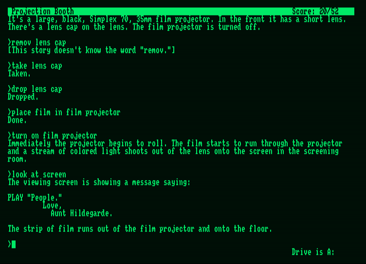 Hollywood Hijinx Amstrad PCW Screenshot: Playing the film reveals a clue!
