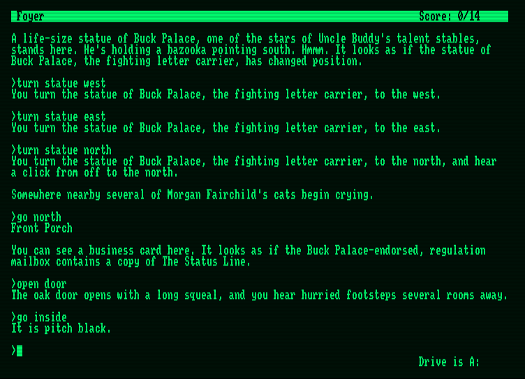 Hollywood Hijinx Amstrad PCW Screenshot: It is pitch black; luckily, there is no grue in this game!