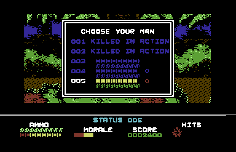 Platoon Commodore 64 Screenshot: My man was killed...select the next man...