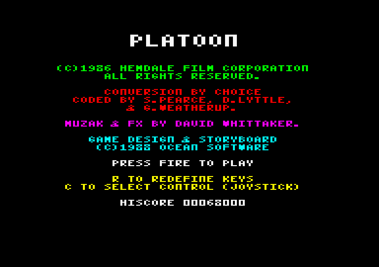 Platoon Amstrad CPC Screenshot: Title screen.