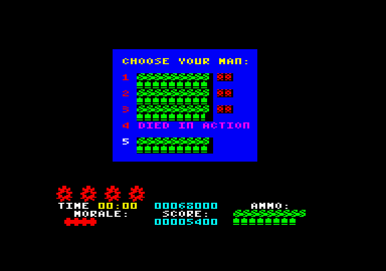 Platoon Amstrad CPC Screenshot: My man was hit...choose the next man to control...