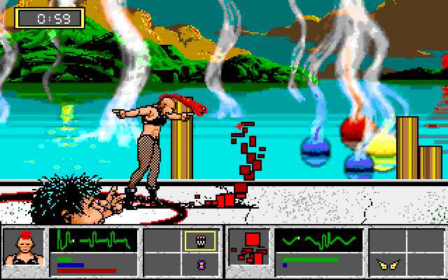 Tongue of the Fatman IBM PC/Compatibles Screenshot: Knocked over by an impressive hairdo...