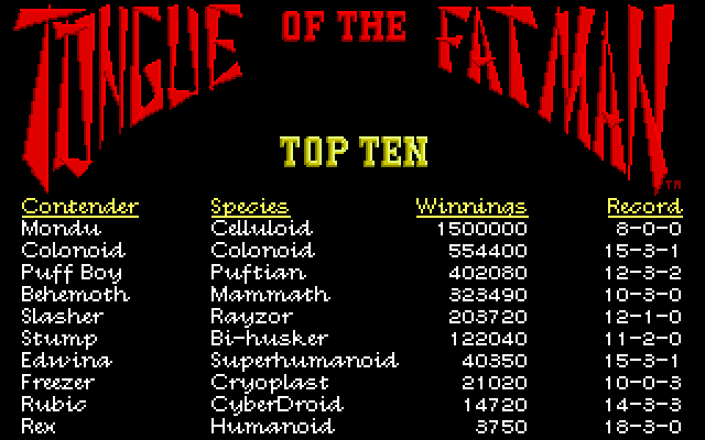 Tongue of the Fatman IBM PC/Compatibles Screenshot: High scores.