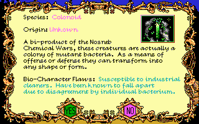 Tongue of the Fatman IBM PC/Compatibles Screenshot: Colonoid character information.