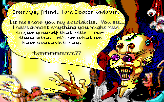 Tongue of the Fatman IBM PC/Compatibles Screenshot: Buy items (some illegal, all useful) from Doctor Kadaver.