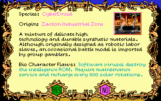 Tongue of the Fatman IBM PC/Compatibles Screenshot: CyberDroid character information.