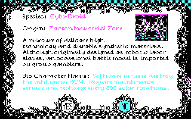 Tongue of the Fatman IBM PC/Compatibles Screenshot: View information on the CyberDroid species...