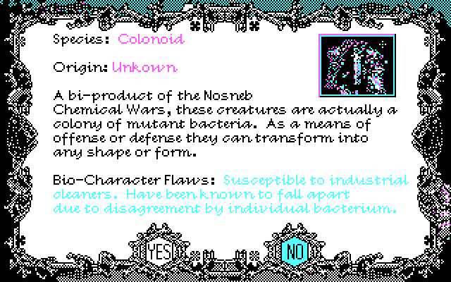 Tongue of the Fatman IBM PC/Compatibles Screenshot: View information on the Colonoids...