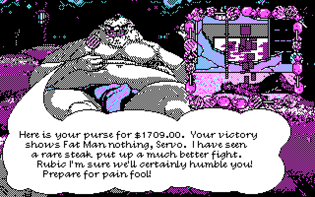 Tongue of the Fatman IBM PC/Compatibles Screenshot: If you win, you can continue on to the next fight! But the fatman is never impressed...