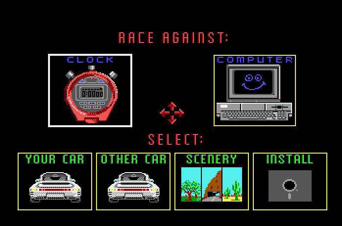 Duel: Test Drive II, The Apple IIgs Screenshot: The main menu.