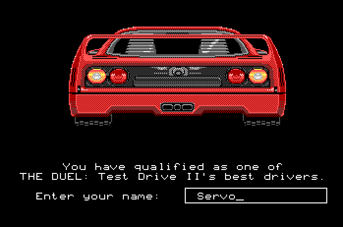 Duel: Test Drive II, The Apple IIgs Screenshot: I got a new high score driving the Ferrari...