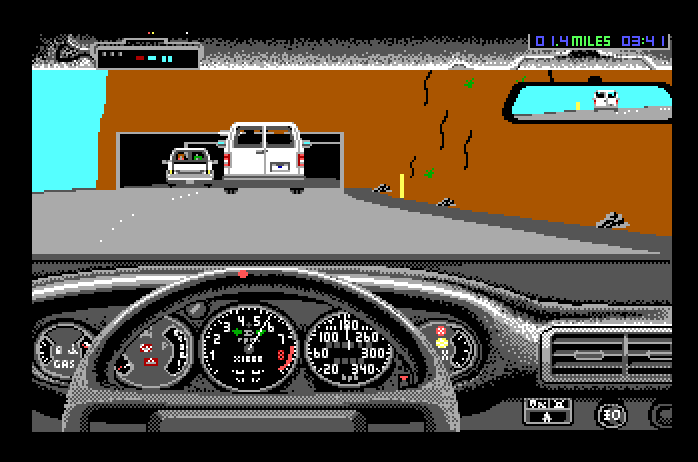 Duel: Test Drive II, The Apple IIgs Screenshot: Heading into a narrow tunnel...
