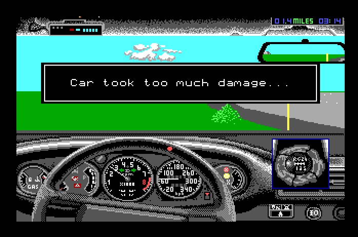 Duel: Test Drive II, The Apple IIgs Screenshot: Don't drive offroad too much, or your car will be destroyed...