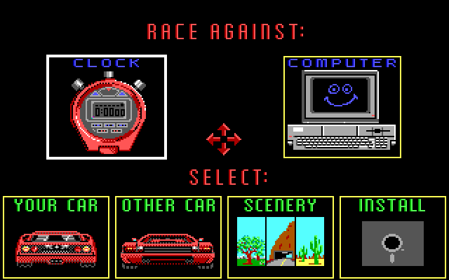 Duel: Test Drive II, The IBM PC/Compatibles Screenshot: The main menu.