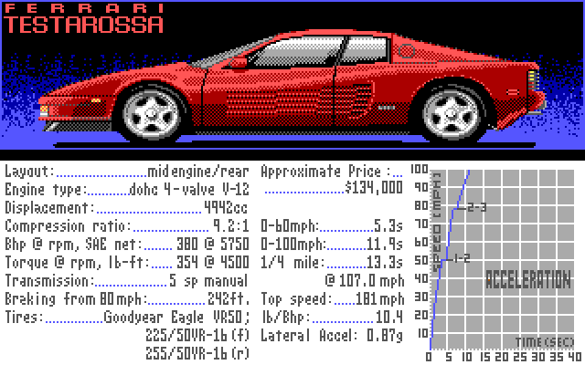 Duel: Test Drive II, The IBM PC/Compatibles Screenshot: Each car features a slide with detailed information about it.