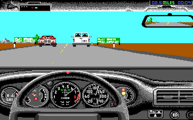 Duel: Test Drive II, The IBM PC/Compatibles Screenshot: Objects on the side of the road as well as other cars should be avoided.