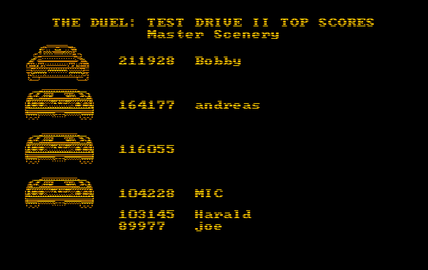 Duel: Test Drive II, The IBM PC/Compatibles Screenshot: High scores.