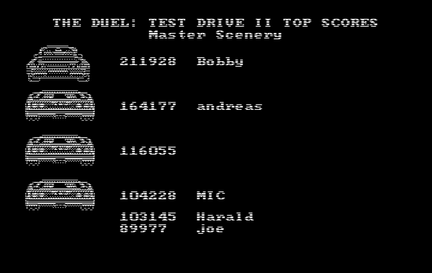 Duel: Test Drive II, The IBM PC/Compatibles Screenshot: High scores.