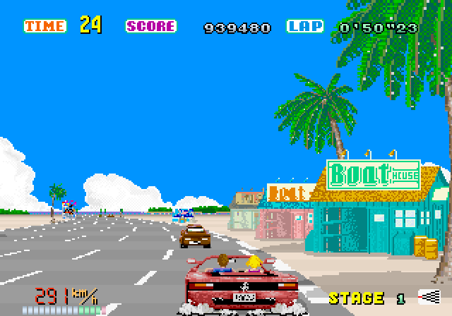 OutRun Arcade Screenshot: Don't run into buildings on this sharp turn...