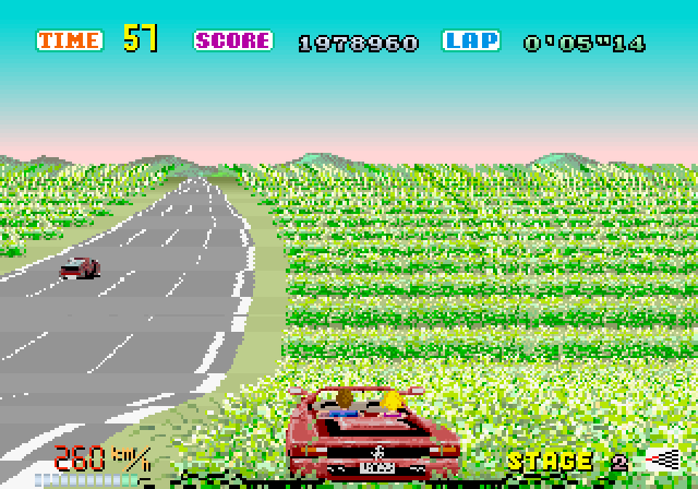 OutRun Arcade Screenshot: Don't drive through the weeds, it slows you down and costs precious time!