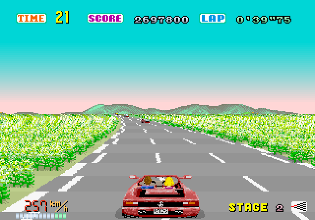 OutRun Arcade Screenshot: Open areas are easier as you don't immediately crash if you run off of the road.