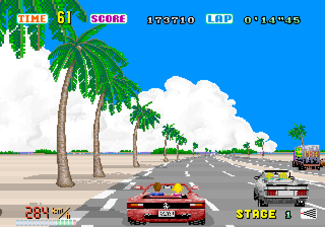OutRun Arcade Screenshot: Don't crash into the other cars...