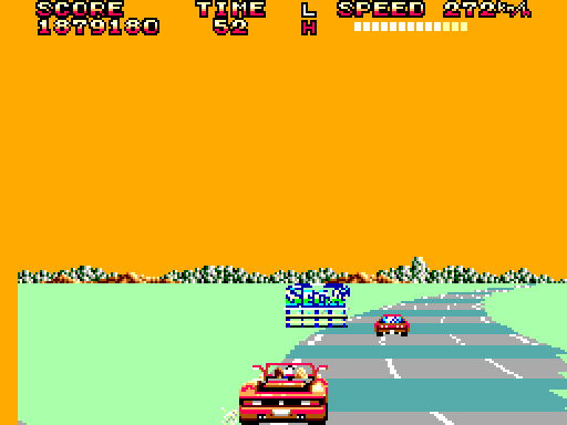 OutRun Sega Master System Screenshot: Don't crash into road signs on these sharp turns!