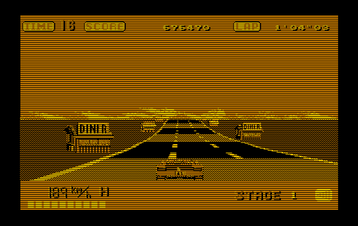 OutRun IBM PC/Compatibles Screenshot: Don't crash into the many diners on the side of the road.