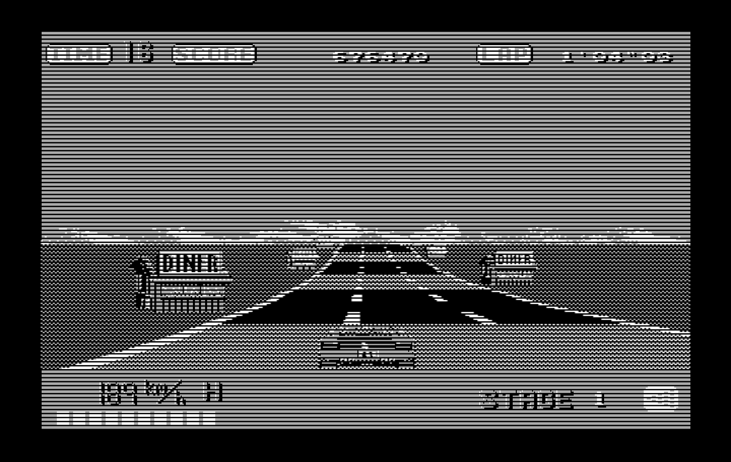OutRun IBM PC/Compatibles Screenshot: Don't crash into the many diners on the side of the road.