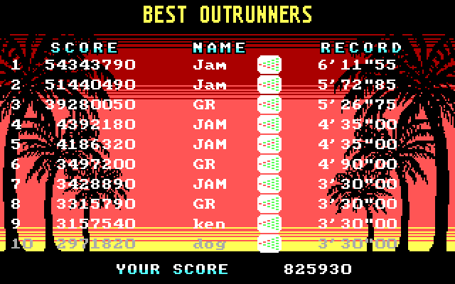 OutRun IBM PC/Compatibles Screenshot: High score table.