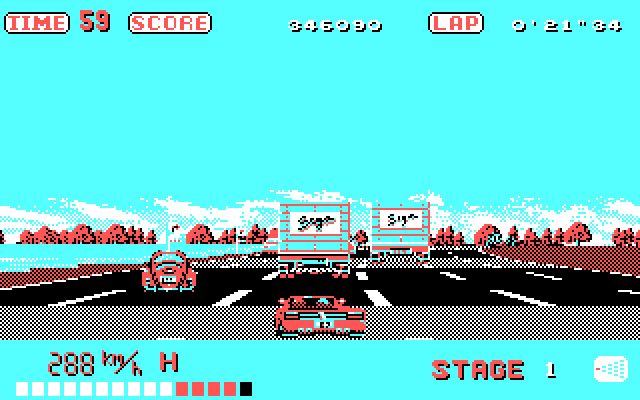 OutRun IBM PC/Compatibles Screenshot: Some trucks are in my way.