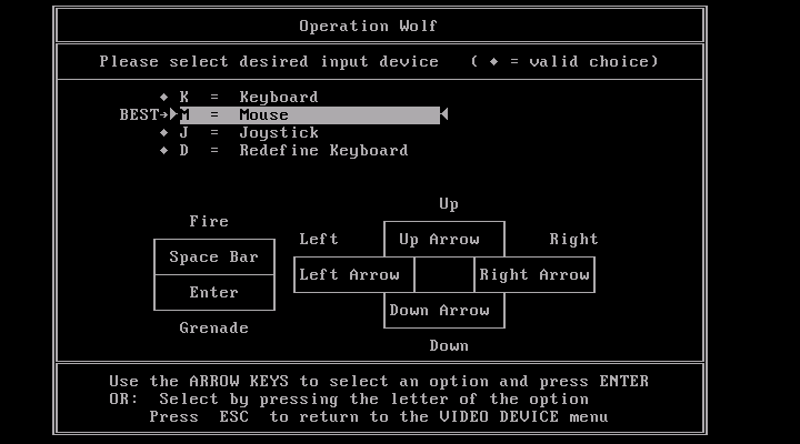 Operation Wolf IBM PC/Compatibles Screenshot: Input device selection.