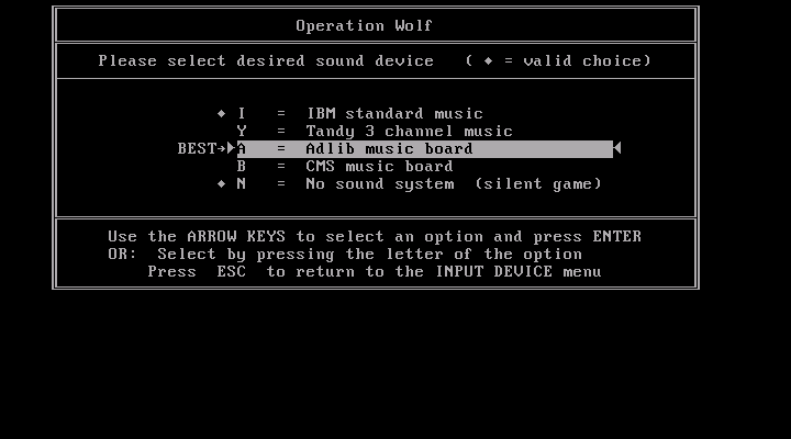 Operation Wolf IBM PC/Compatibles Screenshot: Sound mode selection.