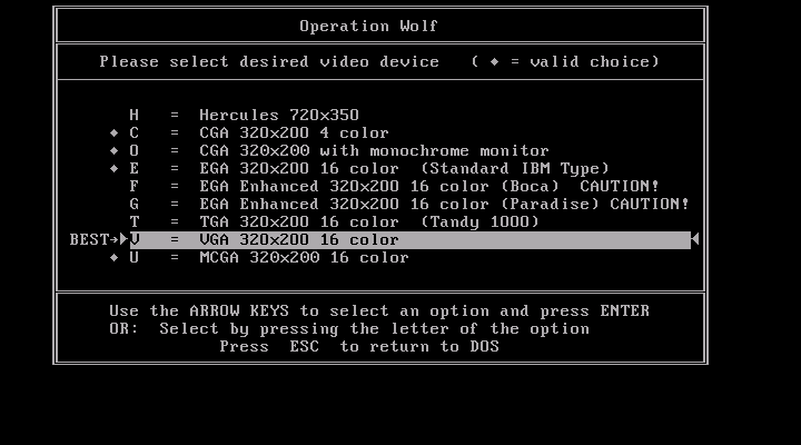 Operation Wolf IBM PC/Compatibles Screenshot: Video mode selection.