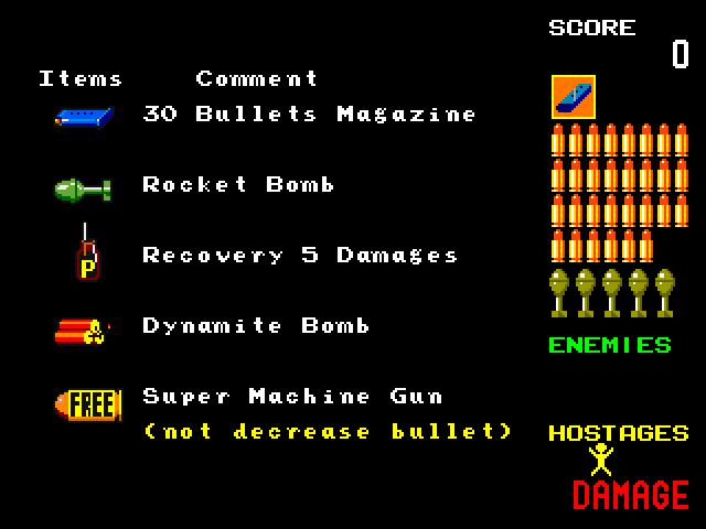 Operation Wolf Arcade Screenshot: Here are the items in the game.