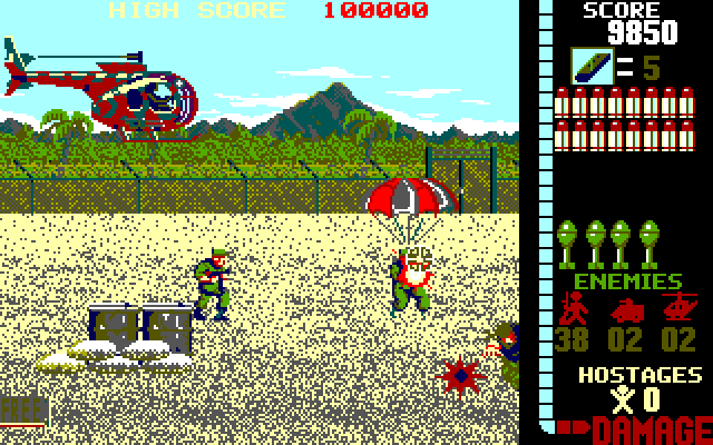 Operation Wolf IBM PC/Compatibles Screenshot: Helicopters and other soldiers attacking!