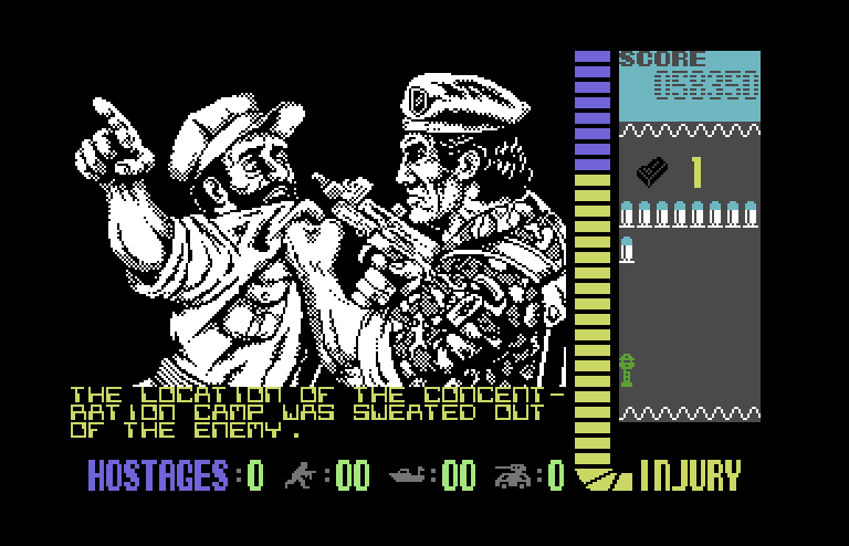 Operation Wolf Commodore 64 Screenshot: The location of the concentration camp was sweated out of the enemy!