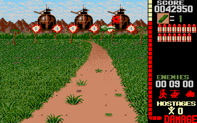 Operation Wolf Amiga Screenshot: The enemy located me! Quick, shoot all of these helicopters...
