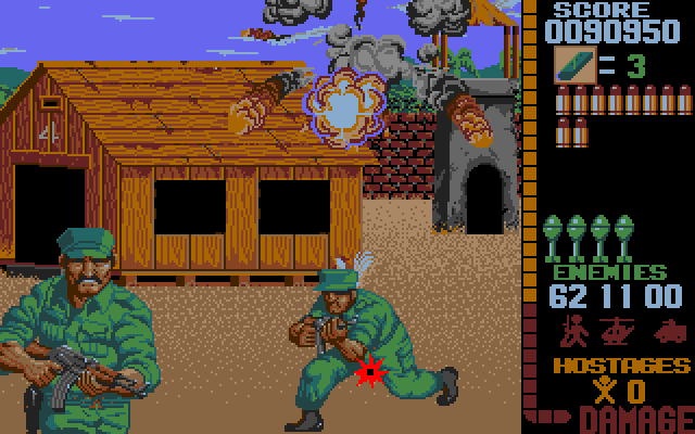 Operation Wolf Amiga Screenshot: You'll need to rescue hostages on this mission.