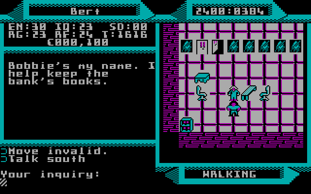 2400 A.D. IBM PC/Compatibles Screenshot: Bobbie helps keep the bank's books.