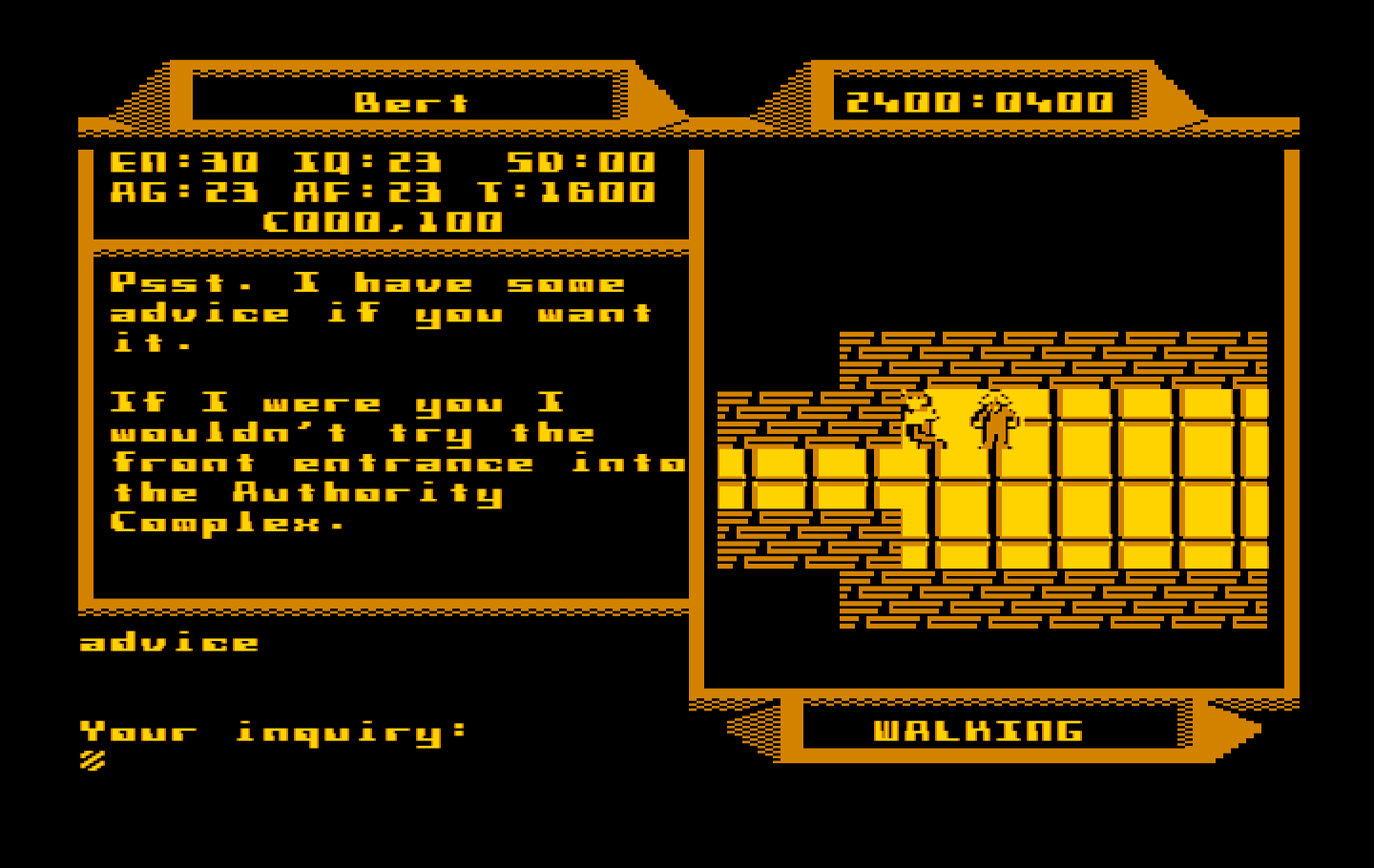 2400 A.D. IBM PC/Compatibles Screenshot: Care for any advice?