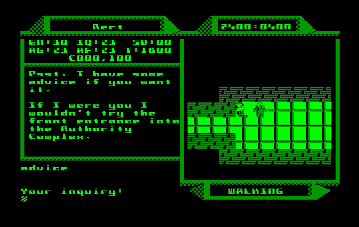 2400 A.D. IBM PC/Compatibles Screenshot: Care for any advice?