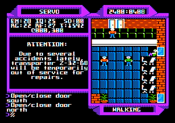 2400 A.D. Apple II Screenshot: One of the transporters is temporarily out of service...