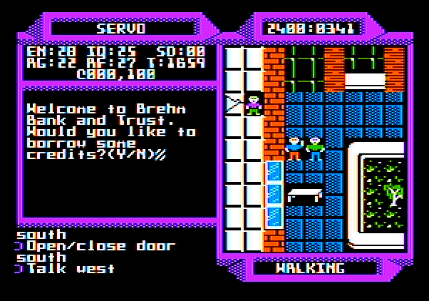 2400 A.D. Apple II Screenshot: Would you like to borrow some credits?
