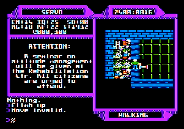 2400 A.D. Apple II Screenshot: Attention! You urged to attend this seminar...